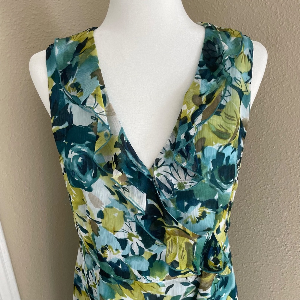 Pendleton Sleeveless Green Blue Floral Silk Ruffle Dress Size 8 Petite - Picture 2 of 14